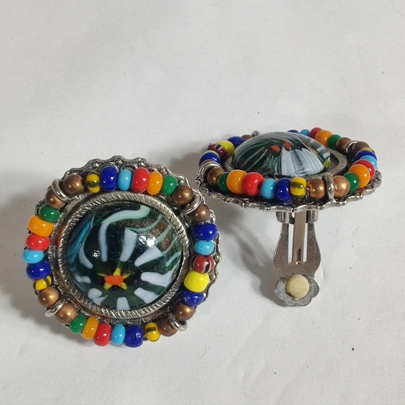 Robert Rose Beaded Clip Earrings Art Glass Cabochon Statement Vintage - Picture 5 of 10